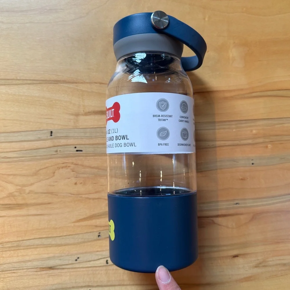 BUILT Pet 34oz Tritan Travel Water Bottle with 12oz Bowl Navy Clear